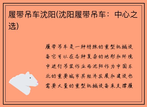 履带吊车沈阳(沈阳履带吊车：中心之选)